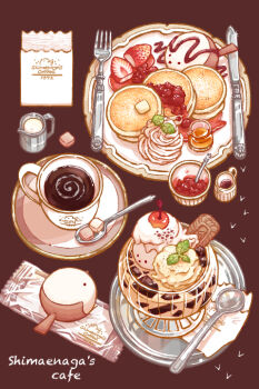 bird brown_background cherry coffee coffee_mug commentary_request cookie creamer_(vessel) cup food food_focus fork fruit ice_cream jam long-tailed_tit mina_michiharu mint_leaf mug no_humans original pancake plate saucer strawberry sugar_cube syrup table_knife tit_(bird)