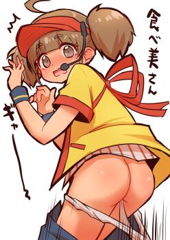 1girl ahoge ass blush brown_eyes brown_hair clothes_pull ear_blush embarrassed from_behind happi headset imadake_dabuchi_tabemi japanese_clothes kinako_omochi looking_back mcdonald's motion_lines open_mouth panties panty_pull pinstripe_pattern pinstripe_shirt shirt shorts shorts_pull simple_background solo striped_clothes striped_shirt surprised tareme twintails underwear visor_cap webp-to-png_conversion white_background white_panties wrist_cuffs