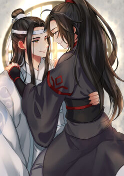 2boys ahoge aslle black_hair black_hanfu black_sash blush chinese_clothes closed_mouth commentary_request couple eye_contact grey_eyes grey_pants hanfu headband high_ponytail highres hug indoors lan_wangji long_hair long_sleeves looking_at_another male_focus modao_zushi multiple_boys pants ponytail robe round_window sash sidelocks sitting sitting_on_lap sitting_on_person sleeves_past_wrists smile straddling topknot wei_wuxian white_hanfu white_headband wide_sleeves window xiao_guan_(headdress) yaoi yellow_eyes