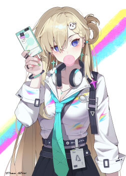 1girl absurdres aqua_necktie black_skirt blonde_hair blowing_bubble_gum braid braided_bangs breasts cellphone chewing_gum cleavage collarbone commentary dao_qie earrings green_nails hair_between_eyes hair_ornament hand_up headphones headphones_around_neck highres holding holding_phone id_card jewelry long_hair looking_at_viewer lynae_(wuthering_waves) medium_breasts multicolored_nails necklace necktie phone pink_nails purple_eyes shirt shirt_tucked_in signature skirt skull_hair_ornament smartphone solo star_(symbol) star_earrings very_long_hair white_shirt wuthering_waves