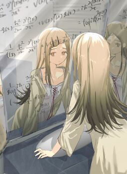 1girl absurdres blonde_hair brown_ribbon brown_robe camisole closed_mouth collarbone colored_eyelashes commentary_request cowboy_shot earrings flipped_hair gakuen_idolmaster gradient_hair grey_camisole grey_hair highres idolmaster jewelry jio_(baku_zugogo) long_hair long_sleeves looking_at_reflection looking_at_viewer math mirror multicolored_hair multiple_reflections open_clothes open_robe orange_eyes parted_bangs public_restroom reflection ribbon robe shinosawa_hiro sink solo stud_earrings wide_sleeves