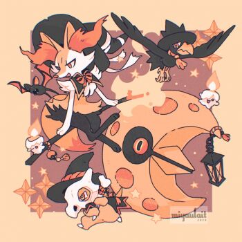 beak bird bone braixen bright_pupils closed_mouth cubone fire full_body furry gen_1_pokemon gen_2_pokemon gen_3_pokemon gen_5_pokemon gen_6_pokemon halloween hat lamp litwick lunatone mask miyaulait murkrow nintendo open_mouth pokemon pokemon_(creature) red_eyes sitting skull skull_mask smile white_pupils wings witch_hat zubat