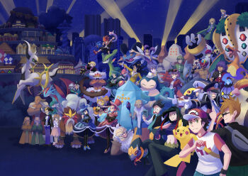 6+boys 6+girls absurdres alternate_color anabel_(pokemon) arceus argenta_(pokemon) ascot bald barry_(pokemon) baseball_cap battle_chatelaine battle_frontier_(pokemon) benga_(pokemon) black_gloves black_hair blonde_hair blue_necktie blue_oak brandon_(pokemon) bronzong brothers brown_hair caitlin_(pokemon) chandelure character_request charizard check_character crossed_arms dahlia_(pokemon) dana_(pokemon) darach_(pokemon) dark-skinned_female dark-skinned_male dark_skin dratini eelektross emmet_(pokemon) entei evelyn_(pokemon) eyewear_on_head father_and_son fire gallade gen_1_pokemon gen_2_pokemon gen_3_pokemon gen_4_pokemon gen_5_pokemon gen_7_pokemon gen_8_pokemon gible glasses gloves green_hair green_scarf greta_(pokemon) grey_hair guppyfish77 hat highres holding holding_poke_ball holding_staff ingo_(pokemon) insect_wings kubfu landorus landorus_(incarnate) legendary_pokemon leon_(pokemon) luchador_mask lucy_(pokemon) mask masked_royal medicham midriff morgan_(pokemon) multicolored_hair multiple_boys multiple_girls mustard_(pokemon) mythical_pokemon navel necktie night ninjask nintendo nita_(pokemon) noland_(pokemon) old old_man open_mouth orange_hair outdoors palmer_(pokemon) pidgeot pikachu poke_ball poke_ball_(basic) pokemon pokemon_(creature) pokemon_bw2 pokemon_dppt pokemon_emerald pokemon_platinum pokemon_rse pokemon_sm pokemon_swsh pokemon_xy purple_fire purple_hair red_(pokemon) red_hair red_hat regice regigigas regirock rockruff salamence scarf seviper shiny_pokemon siblings sisters skarmory sky slaking snorlax spenser_(pokemon) staff standing sunglasses swampert thorton_(pokemon) topless_male trait_connection tucker_(pokemon) twins two-tone_hair umbreon unworn_hat unworn_headwear virizion white_ascot wide_sleeves wings