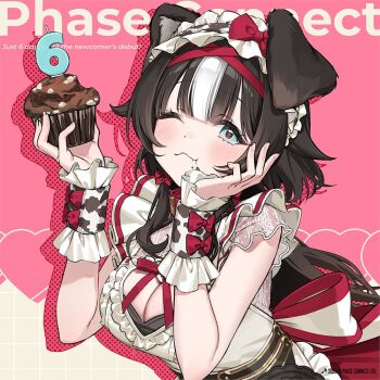 1girl animal_ears artist_request bibi_biscuit black_hair blue_eyes bow breasts cleavage closed_mouth copyright_notice countdown cupcake dog_ears dog_girl food frilled_hairband frills hairband long_hair multicolored_hair one_eye_closed phase_connect red_bow solo streaked_hair virtual_youtuber white_hair