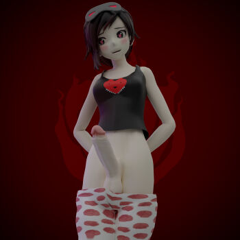 1futa absurdres blush breasts clothes embarrassed erection futanari heart heart-shaped_pupils highres just_hopeless_baka penis ruby_rose rwby solo symbol-shaped_pupils testicles