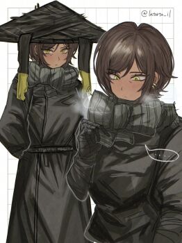 ... 1girl bandaged_arm bandages black_coat black_hat blush brown_hair closed_mouth coat commentary dark-skinned_female dark_skin grey_scarf grid_background hat heishou_pack-mao_branch_(identity)_(project_moon) highres latorta_il limbus_company looking_at_viewer multiple_views outis_(project_moon) project_moon rice_hat scarf short_hair spoken_ellipsis symbol-only_commentary twitter_username white_background yellow_eyes
