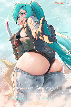1girl :p aqua_eyes aqua_hair ass backpack bag battlefield battlefield_(series) battlefield_6 black_panties blood bloody_knife camouflage camouflage_pants combat_knife commentary earphones english_commentary english_text eyepatch finger_gun foreshortening gameplay_mechanics grin hatsune_miku heads-up_display highres holding holding_knife holding_weapon knife long_hair long_sleeves military_combat_uniform military_uniform panties pants pointing pointing_at_viewer prywinko smile solo tight_clothes tight_pants tongue tongue_out twintails underwear user_interface very_long_hair vocaloid weapon