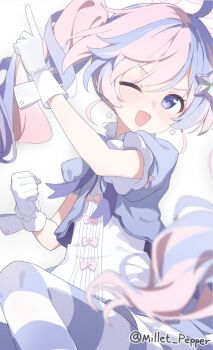 1girl ahoge arm_up blue_archive cowboy_shot dot_nose dress foreshortening gloves hair_ornament halo millet_pepper multicolored_hair one_eye_closed open_mouth pink_hair pink_halo pointing pointing_up purple_eyes purple_hair reisa_(blue_archive) reisa_(magical)_(blue_archive) simple_background solo star_(symbol) star_hair_ornament thighhighs twintails twitter_username two-tone_hair white_background white_gloves