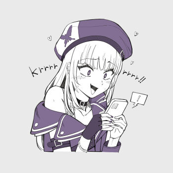 Rule 34 | !, 1girl, animal print, arm belt, belt, belt buckle, belt collar, beret, black belt, black collar, black gloves, blush, bright pupils, buckle, butterfly print, cellphone, collar, commentary request, cropped torso, cross, cross piercing, ear piercing, fingerless gloves, gloves, grey background, hat, heart, heart-shaped pupils, highres, holding, holding phone, itsumeee3, jacket, long hair, looking at phone, mole, mole under eye, multiple moles, nail polish, open mouth, partially colored, phone, piercing, purple eyes, purple hat, purple jacket, purple nails, rk music, simple background, single bare shoulder, single fingerless glove, smartphone, smile, solo, spoken exclamation mark, sweat, symbol-shaped pupils, two-tone hat, virtual youtuber, white hair, white hat, white pupils, xiden