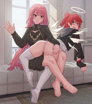 2girls arknights ass barefoot exusiai_(arknights) fingerless_gloves fingernails gloves halo hand_up highres imminent_spanking leggings lemuen_(arknights) multiple_girls no_shoes over_the_knee pink_hair pussy red_hair s-goon soles spanking toenails white_leggings wings yuri