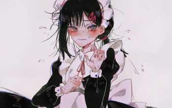 1girl aixuexidetuoxie alternate_costume apron asymmetrical_hair back_bow black_dress black_eyes black_hair bow chainsaw_man chinese_commentary closed_mouth commentary_request dress enmaided flying_sweatdrops hair_ornament hair_tie hairclip higashiyama_kobeni highres long_sleeves maid maid_apron maid_headdress nail_polish neck_ribbon nervous_sweating parallel_hairclips pinching_sleeves pink_nails ponytail puffy_long_sleeves puffy_sleeves red_ribbon ribbon short_hair short_ponytail simple_background solo sweat upper_body white_apron white_background white_bow