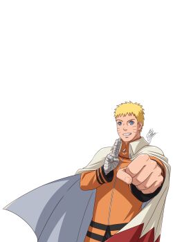 1boy bandages bandaged_head bandages blonde_hair blue_eyes boruto:_naruto_next_generations cape clenched_hand facial_mark grin highres male_focus marco_albiero naruto_(series) signature smile solo uzumaki_naruto zipper
