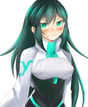 1girl annoyed black_bodysuit blush bodysuit frown green_eyes green_hair gundam gundam_build_divers gundam_build_divers_re:rise highres juice_(jule_tyaojule) may_(gundam_build_divers_re:rise) shrug_(clothing) simple_background solo sweat upper_body v-shaped_eyebrows white_background white_shrug