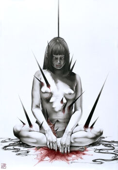 1girl absurdres black_hair black_sclera bleeding blood breasts colored_sclera completely_nude expressionless guro highres indian_style injury long_hair looking_at_viewer meimaro nipples nude original painting_(medium) pale_skin sitting small_breasts solo spikes stab traditional_media very_long_hair white_eyes