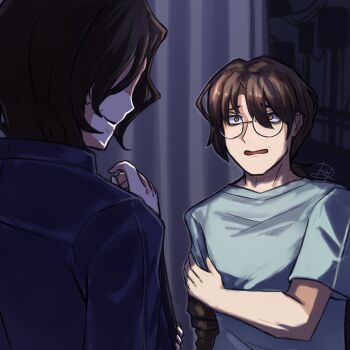 1boy 1girl absurdres arthropod_limbs artist_name bags_under_eyes black_shirt blue_coat brown_hair coat eye_contact eyes_visible_through_hair formal_clothes from_behind from_side glasses gregor_(project_moon) hair_between_eyes hair_intakes hand_on_own_arm hand_up height_difference hermann_(project_moon) highres holding indoors limbus_company long_hair long_sleeves looking_at_another looking_down looking_up male_focus mature_female mother_and_son night no_eyes open_mouth parted_bangs parted_lips ponytail project_moon round_eyewear scared shaded_face shadow shirt short_hair short_sleeves signature smile solo_focus standing surprised t-shirt upper_body wavy_hair wavy_mouth white_shirt wide-eyed yellow_eyes