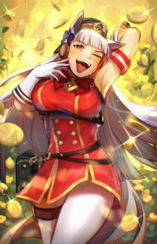 Rule 34 | 1girl, absurdres, animal ears, arm behind head, armband, armpits, blunt bangs, blush, bow, bowtie, breasts, brown hat, coin, commentary, dress, ear bow, ear ribbon, english commentary, gloves, gold coin, gold ship (red strife) (umamusume), gold ship (umamusume), grey hair, hat, highres, horse ears, horse girl, horse tail, large breasts, long hair, looking at viewer, martypcsr, one eye closed, open mouth, pantyhose, pillbox hat, purple bow, purple eyes, red bow, red bowtie, red dress, sleeveless, sleeveless dress, smile, solo, striped armband, striped clothes, tail, thigh strap, umamusume, white gloves, white pantyhose