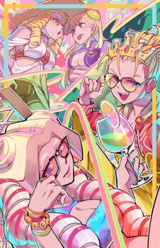 Rule 34 | 4girls, bikini, bikini shorts, blonde hair, bracelet, breasts, capcom, capcom fighting jam, cocktail glass, color connection, commentary, company connection, crossover, cup, cyberbots, devilot de deathsatan ix, drill hair, drinking glass, earrings, english commentary, glaring, hair color connection, hat, highres, hoop earrings, ingrid (capcom), jewelry, justice gakuen, kanzuki karin, keenbiscuit, kirishima yurika, looking at viewer, multiple crossover, multiple girls, open mouth, shorts, straw hat, street fighter, sunglasses, swimsuit, tiara, tongue, tongue out, trait connection