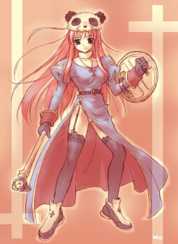 Rule 34 | 1girl, 2000s (style), black gloves, black shoes, black thighhighs, blue dress, blue eyes, breasts, closed mouth, commentary request, cross, cross necklace, dress, expressionless, full body, garter straps, gloves, highres, holding, holding shield, holding staff, jewelry, juliet sleeves, long dress, long hair, long sleeves, looking at viewer, medium breasts, necklace, ngo (ngo dandelion), orange background, panda hat, panties, pink hair, priest (ragnarok online), puffy sleeves, ragnarok online, shield, shoes, side slit, solo, staff, standing, thighhighs, underwear, white panties