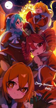 2025 4girls a.i._voice absurdres adachi_rei akita_neru alternate_costume aqua_eyes aqua_hair black_gloves blonde_hair blush_stickers capelet christmas christmas_tree closed_mouth commentary drill_hair fake_antlers full_moon gloves hair_ornament hat hatsune_miku highres holding holding_sack kasane_teto long_hair looking_at_viewer merry_christmas mittens moon multiple_girls one_eye_closed open_mouth orange_eyes orange_hair plaid_clothes plaid_mittens pom_pom_(clothes) pom_pom_hair_ornament red_capelet red_eyes red_hair red_hat sack santa_costume santa_hat shigure_(rinky_creater) side_ponytail smile triple_baka_(vocaloid) twin_drills twintails utau vocaloid white_gloves yellow_eyes