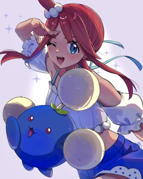 0393_piplup 1girl bare_shoulders bikini blue_eyes blue_shorts blush breasts commentary_request crop_top dandelion dandelion_clock flower fluffy gen_2_pokemon hair_ornament highres jumpluff large_breasts looking_at_viewer midriff nintendo official_alternate_costume one_eye_closed one_side_up open_mouth plant_monster pokemon pokemon_(creature) pokemon_masters_ex red_hair salute shirt shorts sidelocks skyla_(pokemon) skyla_(summer_2025)_(pokemon) smile solo swimsuit