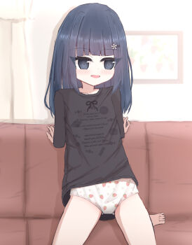 1girl arm_support barefoot black_eyes black_hair black_shirt blush bow bow_panties candy_print chocolate_print clothes_writing collarbone couch crotch_seam curtains flat_chest floral_print food_print fruit_print loli long_hair long_sleeves looking_at_viewer macaron_print on_couch open_mouth original panties picture_frame pink_bow print_panties print_shirt ribbon_print shirt shooko sitting smile strawberry_panties strawberry_print underwear white_panties