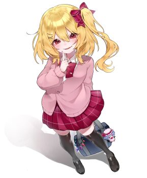 1girl alternate_costume bag bag_charm black_shoes black_thighhighs blonde_hair blush bow bowtie cardigan charm_(object) collared_shirt commentary_request fang finger_to_cheek flandre_scarlet full_body hair_ribbon highres holding holding_bag long_hair long_sleeves looking_at_viewer parted_lips pink_cardigan plaid_clothes plaid_skirt red_bow red_bowtie red_eyes red_skirt remilia_scarlet ribbon samon_(vxxr8575) school_bag school_uniform shirt shoes side_ponytail skin_fang skirt smile thighhighs thighs touhou white_background white_shirt zettai_ryouiki