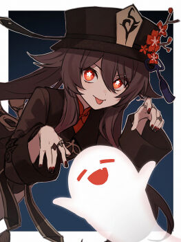 1girl black_hat black_jacket black_nails boo_tao_(genshin_impact) brown_hair floating_hair flower genshin_impact hat hat_flower highres hu_tao_(genshin_impact) jacket jewelry long_hair long_sleeves looking_at_viewer nail_polish outline red_eyes red_flower red_shirt ring shirt solo symbol-shaped_pupils tofu_(bean359) tongue tongue_out very_long_hair white_outline