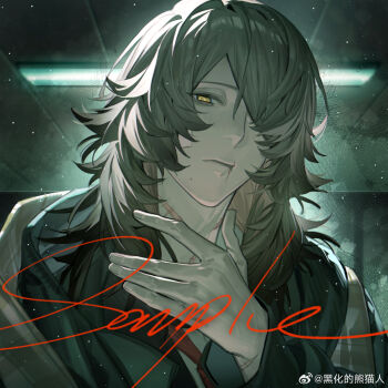 1boy bandages ceiling_light closed_mouth colored_inner_hair grey_hair highres indoors light_particles llanz long_hair looking_at_viewer male_focus multicolored_hair one_eye_covered original portrait sample_watermark scar scar_on_neck solo square watermark weibo_watermark weibo_watermark yellow_eyes