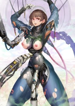 1girl android bodysuit braid breasts brown_hair crown_braid damaged eguchi_tumoru joints large_breasts machine mechabare nervous niijima_makoto no_bra persona persona_5 red_eyes repairing robot_joints short_hair solo thick_thighs thighs torn_clothes