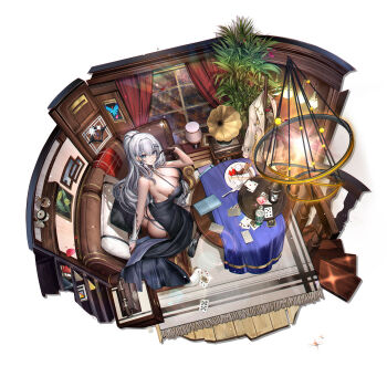 1girl absurdres ass bare_shoulders black_dress blue_eyes braid breasts brown_thighhighs card couch cross-shaped_pupils dress from_above gloves grey_hair hair_ornament half_gloves heatia highres indoors large_breasts long_hair looking_at_viewer negative_space on_couch original playing_card ponytail sideboob single_half_glove solo symbol-shaped_pupils table thighhighs very_long_hair white_background