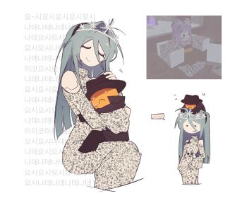 1boy 1girl air_zizon android black_hairband closed_eyes closed_mouth clothing_cutout colored_skin dress eunoia_(frozen_soul) floating_head frozen_soul hair_intakes hairband highres joints korean_text mafioso_(frozen_soul) mini_person miniboy petting roblox robot_joints shoulder_cutout simple_background tiara translation_request white_background white_dress white_skin yellow_skin