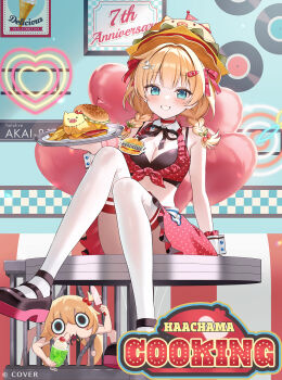 Rule 34 | 1girl, :d, akai haato, akai haato (waitress), apron, aqua eyes, bikini, bikini top only, black shoes, blonde hair, braid, breasts, burger, carhop, choker, colored shoe soles, commentary request, copyright notice, cropped shirt, detached collar, food, fork hair ornament, french fries, full body, haaton (akai haato), hair ornament, hairclip, hamburger hat, highres, holding, holding tray, hololive, indoors, knife hair ornament, looking at another, low twin braids, mary janes, medium breasts, medium hair, miniskirt, momoshiki tsubaki, neck ribbon, official alternate costume, official alternate hairstyle, official art, on table, open mouth, polka dot, polka dot shirt, polka dot skirt, red choker, red shirt, red skirt, restaurant, ribbon, shirt, shoes, sitting, skirt, smile, spiderchama, swimsuit, table, thighhighs, tray, twin braids, virtual youtuber, waist apron, waitress, white apron, white thighhighs, wrist cuffs