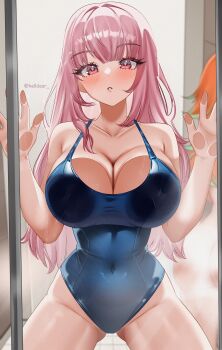 2girls absurdres against_glass alternate_costume blue_one-piece_swimsuit blush breasts cleavage covered_navel hashtag-only_commentary helldeer highres hololive hololive_english large_breasts long_hair looking_at_viewer mori_calliope multiple_girls one-piece_swimsuit orange_hair pink_eyes pink_hair solo_focus swimsuit takanashi_kiara twitter_username virtual_youtuber