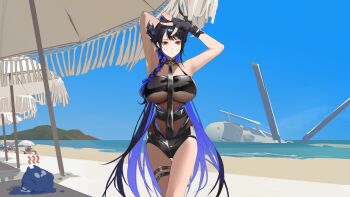 Rule 34 | 1girl, absurdres, armpits, arms up, asymmetrical horns, beach, black gloves, black hair, black one-piece swimsuit, blue hair, blue sky, braid, breasts, casual one-piece swimsuit, cloud, colored inner hair, commentary, covered navel, day, english commentary, fingerless gloves, flower, gloves, highres, hololive, hololive english, horizon, horn flower, horns, jailbird (nerissa ravencroft), large breasts, long hair, mole, mole under eye, multicolored hair, nerissa ravencroft, nerissa ravencroft (holonatsu paradise), o-ring, o-ring thigh strap, ocean, official alternate costume, official alternate hairstyle, one-piece swimsuit, outdoors, purple eyes, side braid, single braid, sky, slit pupils, solo, swimsuit, thekaiyip, thigh gap, thigh strap, uneven horns, very long hair, virtual youtuber, wreckage