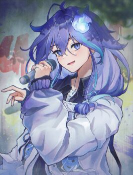 1boy androgynous blue_hair blush earrings gradient_clothes gradient_jacket hair_between_eyes highres holding holding_microphone holostars jacket jewelry long_hair long_sleeves looking_at_viewer male_focus microphone minase_rio minase_rio_(1st_costume) multiple_rings necklace open_mouth purple_eyes purple_hair revision ring smile solo suama_(haruichi) upper_body virtual_youtuber