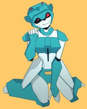1girl animal_nose colored_skin fang helmet highres humanoid_robot lyzack one_eye_closed red_eyes robot robot_girl sitting solo transformers transformers_animated white_skin yellow_background