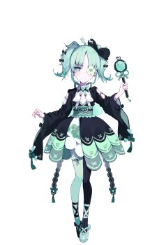 1girl absurdres ahoge asymmetrical_footwear asymmetrical_legwear black_bow black_dress black_shoes bow closed_mouth dress empty_eyes floral_print flower flower_over_eye full_body green_eyes green_hair green_shoes hair_bow highres holding holding_wand kizaki_mimi long_hair long_sleeves looking_at_viewer magical_girl mahou_shoujo_no_inshuu_mura mismatched_footwear mismatched_legwear official_art one_eye_covered parted_bangs second-party_source shoes simple_background single_leg_pantyhose solo standing tachi-e transparent_background twintails umemaro_(siona0908) wand white_flower