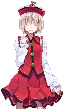 Rule 34 | 1girl, blonde hair, blush, buttons, closed eyes, commentary request, cowboy shot, crote, facing viewer, frilled shirt, frilled sleeves, frills, hat, highres, large variant set, legs apart, long sleeves, lyrica prismriver, open mouth, red hat, red shirt, shirt, short hair, skirt, skirt set, sleeves past wrists, solo, standing, tachi-e, teeth, touhou, transparent background, u u, upper teeth only, v-shaped eyebrows, variant set, white shirt