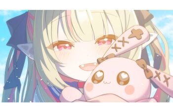 1girl :d blue_ribbon blue_sailor_collar blush border cloud collar colored_inner_hair commentary_request debitto_(makaino_ririmu) fangs grey_hair hair_over_shoulder hair_ribbon half-closed_eyes highres letterboxed light_particles long_hair looking_at_viewer makaino_ririmu makaino_ririmu_(4th_costume) multicolored_hair nijisanji open_mouth parted_lips pink_hair pink_streaks pointy_ears portrait red_collar red_eyes ribbon sailor_collar school_uniform serafuku shirt sidelocks sky smile solo streaked_hair stuffed_animal stuffed_rabbit stuffed_toy tsumurimai two-tone_hair two_side_up virtual_youtuber white_border white_shirt