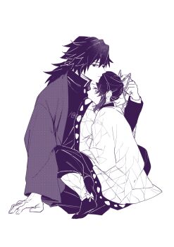 1boy 1girl animal_print black_hair black_jacket black_pants black_socks butterfly_hair_ornament butterfly_print butterfly_print_haori commentary_request couple demon_slayer_uniform full_body gysn_hihihi3 hair_between_eyes hair_ornament haori hetero highres jacket japanese_clothes kimetsu_no_yaiba kochou_shinobu long_hair no_shoes pants parted_bangs print_haori sidelocks sitting socks tomioka_giyuu twitter_username white_background