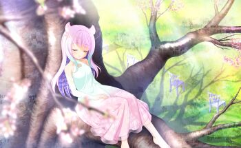 1girl above-cleavage_cutout artist_request bare_shoulders barefoot chair cherry_blossom_print closed_eyes closed_mouth clothing_cutout collarbone colored_inner_hair day detached_sleeves dot_nose dress eternal_sakura eyelashes feet field floral_print flower_cutout foot_out_of_frame game_cg glitch gradient_clothes gradient_dress green_dress hair_horns halter_dress halterneck hand_on_lap happy highres light_blush light_rays long_hair long_sleeves magia_record:_mahou_shoujo_madoka_magica_gaiden mahou_shoujo_madoka_magica mahou_shoujo_madoka_magica_magia_exedra multicolored_hair official_art on_tree outdoors pink_dress pink_hair print_dress purple_hair see-through_clothes see-through_dress shadow sidelocks sitting sleeping smile solo sunlight toes two-tone_dress two-tone_hair very_long_hair wavy_hair white_sleeves