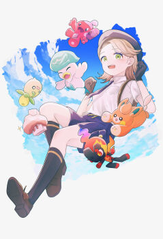 1girl absurdres beret black_gloves black_socks blonde_hair brown_footwear charcadet collared_shirt commentary_request gloves green_eyes hands_up hat highres kagi0487_(weiss_9610) medium_hair nacli nintendo open_mouth pawmi pokemon pokemon_(creature) pokemon_sv purple_shorts quaxly shirt shoes short_sleeves shorts smoliv socks teeth tinkatink upper_teeth_only white_shirt