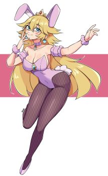 1girl alternate_breast_size_(larger) alternate_costume animal_ears bare_shoulders black_pantyhose blonde_hair blue_eyes blush breasts choker cleavage closed_mouth commentary crossed_bangs crown double-parted_bangs earrings english_commentary fake_animal_ears fake_tail fishnet_pantyhose fishnets full_body fur_wrist_cuffs hair_between_eyes hands_up highres jewelry large_breasts leotard long_hair looking_at_viewer mario_(series) nintendo oninuer pantyhose pink_choker pink_leotard pink_wrist_cuffs playboy_bunny princess_peach rabbit_ears rabbit_tail smile solo strapless strapless_leotard tail wrist_cuffs