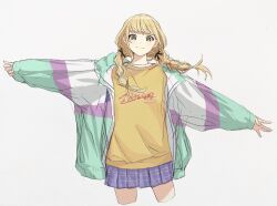 Rule 34 | 1girl, blonde hair, braid, fujita kotone, gakuen idolmaster, highres, idolmaster, jacket, long hair, looking at viewer, multicolored clothes, multicolored jacket, null hamamo, open clothes, open jacket, outstretched arms, shirt, simple background, skirt, smile, solo, spread arms, twin braids, white background, yellow eyes, yellow shirt