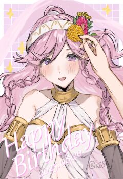 1girl 1other absurdres bare_shoulders blush braid braided_sidelock breasts bridal_gauntlets choker collarbone dancer fire_emblem fire_emblem_awakening flower hair_flower hair_ornament hairband highres ka84 long_hair looking_at_viewer medium_breasts midriff navel nintendo olivia_(fire_emblem) open_mouth pink_eyes pink_hair ponytail side_braid simple_background smile solo_focus twin_braids upper_body