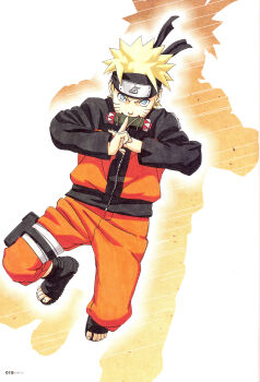 Rule 34 | 1boy, absurdres, black boots, black jacket, blonde hair, blue eyes, boots, facial mark, forehead protector, highres, jacket, kishimoto masashi, konohagakure symbol, looking at viewer, mouth hold, multicolored jacket, naruto (series), naruto shippuuden, open-toe boots, orange jacket, orange pants, pants, short hair, solo, two-tone jacket, uzumaki naruto, whisker markings