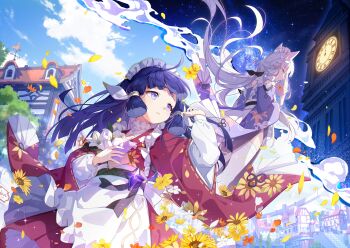 2girls apron blue_hair blue_sky blunt_tresses character_request clock clock_tower cloud envelope floral_print floral_print_kimono flower game_cg half-closed_eyes highres holding holding_envelope japanese_clothes kimono layered_sleeves long_hair long_sleeves looking_at_another low_ponytail maid maid_headdress multiple_girls nanoha_(stella_sora) non-web_source off_shoulder official_art parted_lips ponytail print_kimono purple_eyes red_kimono sky stella_sora sunflower sunflower_print thighhighs tower very_long_hair wa_maid waist_apron white_apron white_flower white_hair white_thighhighs yellow_flower