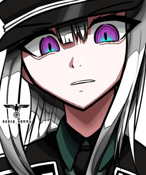 1girl artist_name black_necktie disgust hat highres jacket koalakanru lily_von_rottengard long_hair looking_at_viewer military_hat military_jacket military_uniform nazi necktie original purple_eyes reichsadler solo ss_uniform swastika waffen-ss white_background white_hair