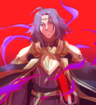 1boy ahoge aura book boxkiri circlet commentary corruption dark_aura dark_persona english_commentary fire_emblem fire_emblem:_the_sacred_stones fomortiis_(fire_emblem) holding holding_book intelligent_systems lyon_(fire_emblem) male_focus medium_hair nintendo possessed possession purple_hair red_background red_eyes solo twitter_username