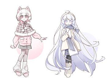 2girls absurdly_long_hair alternate_costume beret blue_scarf boots capelet chinese_commentary closed_mouth coat commentary_request commission dress full_body fur-trimmed_capelet fur_trim grey_skirt hat highres jacket leg_warmers long_hair long_sleeves looking_at_viewer mahou_shoujo_no_majo_saiban multicolored_hair multiple_girls pantyhose pink_eyes pink_jacket pink_shoes pleated_skirt pom_pom_(clothes) sakuraba_ema scarf shilizi shoes short_hair skirt smile standing tsukishiro_yuki very_long_hair white_background white_boots white_coat white_dress white_hair white_hat winter_clothes